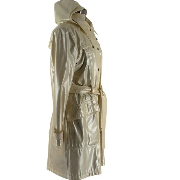 Burberry Bonnie Belt Raincoat Iridescent Cream Detachable Hood Snap Size 12 READ - Picture 3 of 16